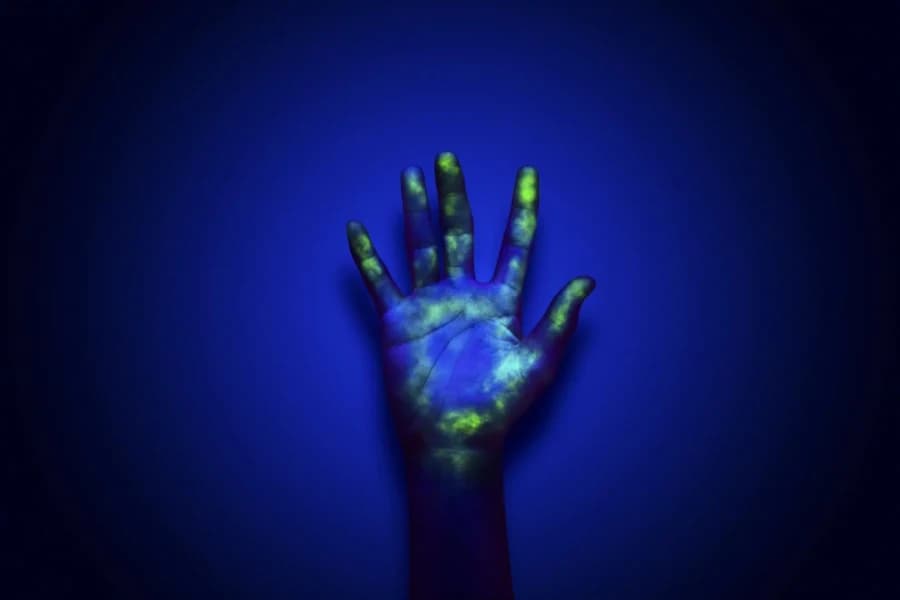 UV light used to detect contamination during sanitation cleaning process.